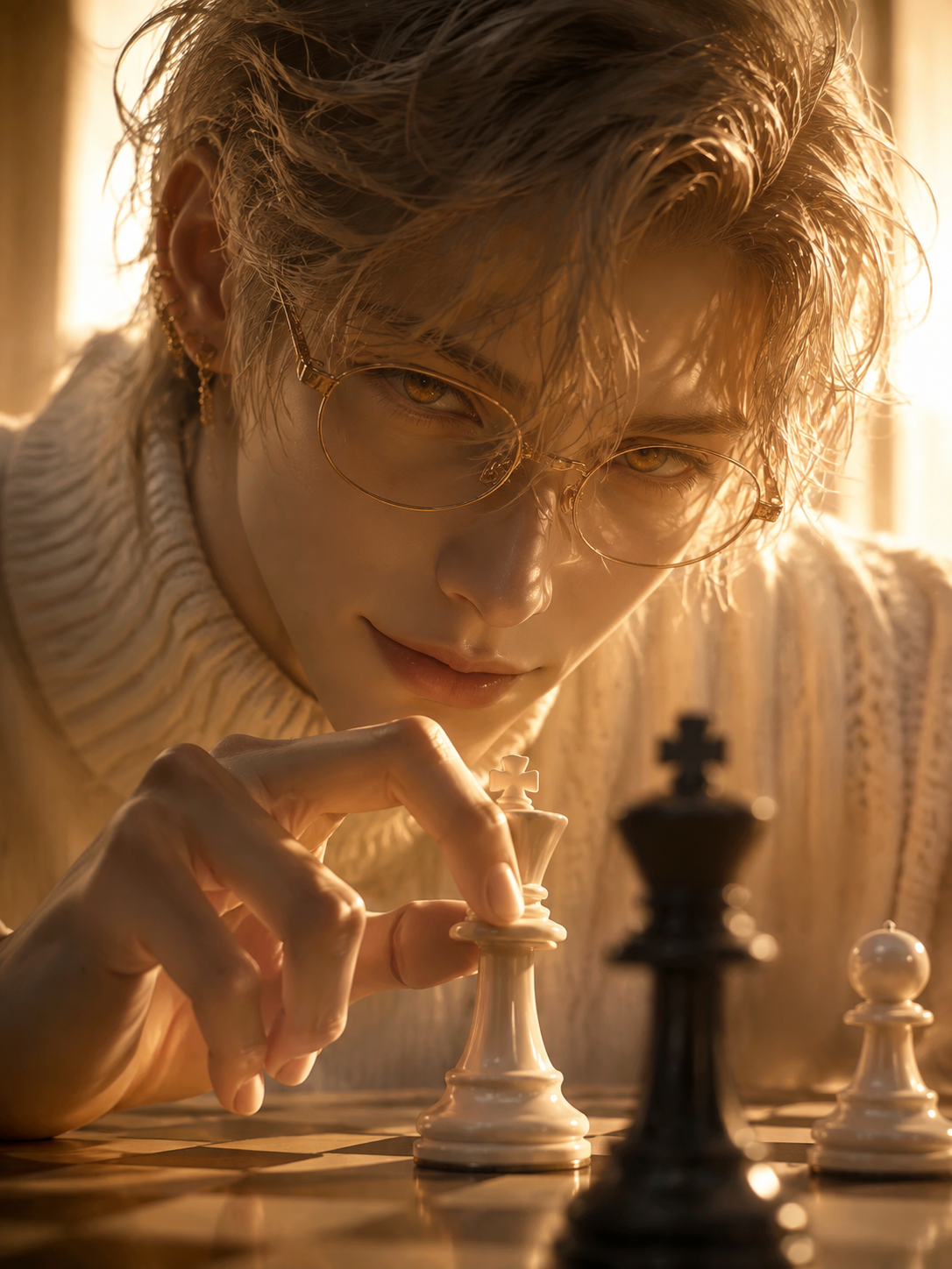 暖金光影中的占卜導師在棋盤上推演下一步